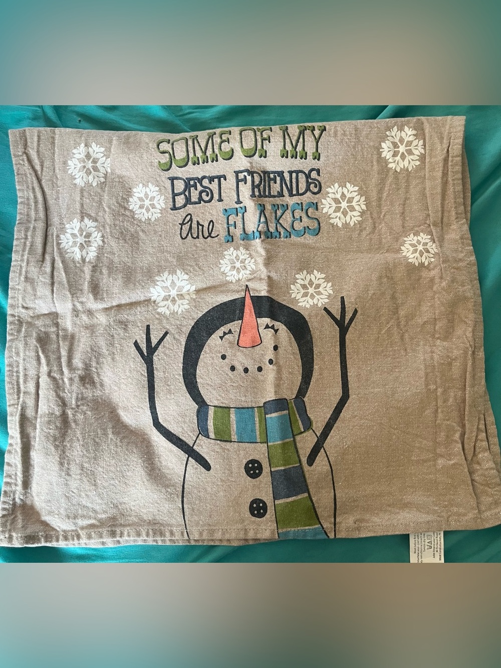 Holiday Snowman Decorative Kitchen Towel - Gray with Blue & Green Accents